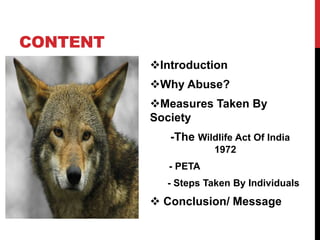 CONTENT
?Introduction
?Why Abuse?
?Measures Taken By
Society
-The Wildlife Act Of India
1972
- PETA
- Steps Taken By Individuals
? Conclusion/ Message
 