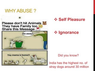 WHY ABUSE ?
? Self Pleasure
? Ignorance
Did you know?
India has the highest no. of
stray dogs around 30 million
 