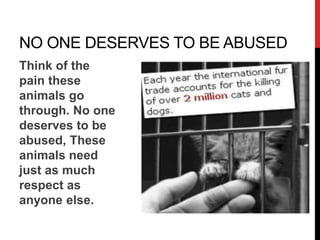 Think of the
pain these
animals go
through. No one
deserves to be
abused, These
animals need
just as much
respect as
anyone else.
NO ONE DESERVES TO BE ABUSED
 