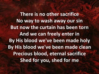 There is no other sacrifice
No way to wash away our sin
But now the curtain has been torn
And we can freely enter in
By His blood we've been made holy
By His blood we've been made clean
Precious blood, eternal sacrifice
Shed for you, shed for me