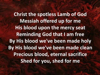 Christ the spotless Lamb of God
Messiah offered up for me
His blood upon the mercy seat
Reminding God that I am free
By His blood we've been made holy
By His blood we've been made clean
Precious blood, eternal sacrifice
Shed for you, shed for me