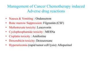 Management of Cancer Chemotherapy induced
Adverse drug reactions
• Nausea & Vomiting : Ondansetron
• Bone marrow Suppression: Filgrastim (CSF)
• Methotrexate toxicity: Leucovorin
• Cyclophosphamide toxicity : MESNa
• Cisplatin toxicity : Amifostine
• Doxorubicin toxicity: Dexrazoxane
• Hyperuricemia (rapid tumor cell lysis): Allopurinol
 