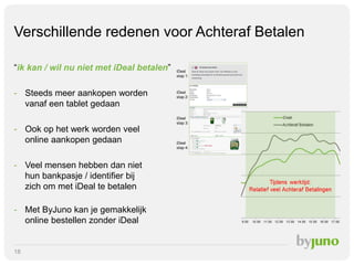Verschillende redenen voor Achteraf Betalen
“ik kan / wil nu niet met iDeal betalen”
- Steeds meer aankopen worden
vanaf een tablet gedaan

- Ook op het werk worden veel
online aankopen gedaan
- Veel mensen hebben dan niet
hun bankpasje / identifier bij
zich om met iDeal te betalen
- Met ByJuno kan je gemakkelijk
online bestellen zonder iDeal

18

 