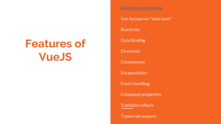 Features of
VueJS
Declarative rendering
Vue focuses on “view layer”
Reactivity
Data Binding
Directives
Components
Encapsulation
Event Handling
Computed properties
Transition effects
Typescript support
 