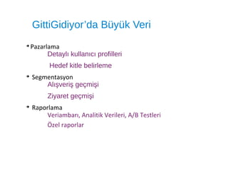 GittiGidiyor’da Büyük Veri
➔
Pazarlama
Detaylı kullanıcı profilleri
Hedef kitle belirleme
➔
Segmentasyon
Alışveriş geçmişi
Ziyaret geçmişi
➔
Raporlama
Veriambarı, Analitik Verileri, A/B Testleri
Özel raporlar
 