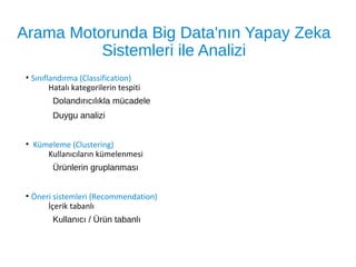 Arama Motorunda Big Data'nın Yapay Zeka
Sistemleri ile Analizi
●
Sınıflandırma (Classification)
Hatalı kategorilerin tespiti
Dolandırıcılıkla mücadele
Duygu analizi
●
Kümeleme (Clustering)
Kullanıcıların kümelenmesi
Ürünlerin gruplanması
●
Öneri sistemleri (Recommendation)
İçerik tabanlı
Kullanıcı / Ürün tabanlı
 