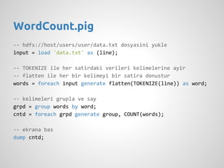 WordCount.pig
-- hdfs://host/users/user/data.txt dosyasini yukle
input = load 'data.txt' as (line);
-- TOKENIZE ile her sa...