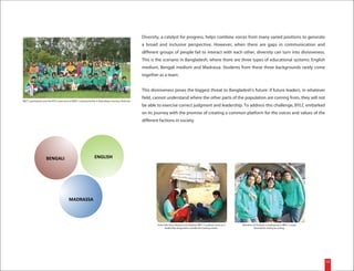 Diversity, a catalyst for progress, helps combine voices from many varied positions to generate
                                                                                                             a broad and inclusive perspective. However, when there are gaps in communication and
                                                                                                             different groups of people fail to interact with each other, diversity can turn into divisiveness.
                                                                                                             This is the scenario in Bangladesh, where there are three types of educational systems: English
                                                                                                             medium, Bengali medium and Madrassa. Students from these three backgrounds rarely come
                                                                                                             together as a team.


                                                                                                             This divisiveness poses the biggest threat to Bangladesh's future: if future leaders, in whatever
                                                                                                             field, cannot understand where the other parts of the population are coming from, they will not
BBLT 2 participants and the BYLC team pose at BRAC's training facility in Rajendrapur during a field trip.
                                                                                                             be able to exercise correct judgment and leadership. To address this challenge, BYLC embarked
                                                                                                             on its journey with the promise of creating a common platform for the voices and values of the
                                                                                                             different factions in society.




                      BENGALI                                         ENGLISH




                                             MADRASSA



                                                                                                                     (From left) Asha, Niyonta and Sabahat, BBLT 2 students, work on a   Members of Onirban, a small group in BBLT 3, enjoy
                                                                                                                            leadership assignment, outside the training center.                   themselves during an outing.




                                                                                                                                                                                                                                              13
 