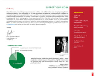 Dear Readers,
                                                                                 SUPPORT OUR WORK
I hope that our annual report has given you a sense of the work that we do at BYLC to lead social change by training the next
                                                                                                                                                Management
generation of leaders. In 2009, we developed our first three-year strategic plan and we are currently preparing a framework for
assessing the impact of our projects. In 2010, we hope to launch four new programs: executive programs on leadership for young
                                                                                                                                                Ejaj Ahmad
professionals; BBLT junior program for secondary school students; a scholarship program for underprivileged students; and an
                                                                                                                                                President
annual leadership summit to bring together diverse stakeholders to let them share ideas and knowledge. Our work is largely
dependent on the support that we receive from generous individuals like you. I would, therefore, request you to consider being
involved. You could contribute to our endowment fund (which we are creating this year) to ensure the long-term sustainability of                Ivdad Ahmed Khan Mojlish
BYLC, or you could fund a specific program. If you share our vision of improving leadership in Bangladesh, then please e-mail me                Project Manager
at ivdad@bylc.org and I will tell you more about our exciting upcoming programs.
                                                                                                                                                Mirza Salman Hossain Beg
Sincerely,                                                                                                                                      Project Coordinator

                                                                                                                                                Faria Rashid
                                                                                                                                                Assistant Program Officer

                                                                                                                                                Muktadir Shubhro Jinnah
Ivdad Ahmed Khan Mojlish
                                                                                                                                                Public Relations Officer
Project Manager, BYLC
www.bylc.org
                                                                                                                                                Shariful Islam Uzzal
                                                                                                                                                Accountant

  2009 EXPENDITURES                                                                                                                             Yaseer Musharraf
                           15% GENERAL AND ADMINISTRATIVE EXPENSES                                                                              Intern

                           9% FUNDRAISING EXPENSES


                                                                                                     Ejaj Ahmad with Amartya Sen at Harvard
                                                                                                    University during the concept development
                                                                                                                   stage of BYLC.



                                                 "Bangladesh Youth Leadership Center's program is clearly a highly
                                                 imaginative initiative and one that could be, if rightly implemented,
                                                 an important and effective attempt to change things in a very
             76 % PROGRAMS                       positive direction."
                                                                                                         AMARTYA SEN
                                                                                  1998 Nobel Laureate in Economics
                                                                                 and Professor at Harvard University



                                                                                                                                                                            34
 