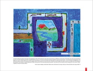 In Search of Nirvana



In Search of Nirvana depicts the goals and challenges in life with the help of a maze. We see that there are different routes that can be taken, but only one would take a
person to his/her ultimate goal. This is signified by the rising sun. The group of people working together represents teamwork - an essential part of leadership. Two
different roads on either side of the picture suggest either divisiveness or a one-man show. However, even though the road to success is fraught with difficulties as
illustrated in the artwork, a unified approach makes the journey to the final destination possible. The motto for this artwork can be simply put in one word: TEAM -
Together Everyone Achieves More.
                                                        Prema Laboni Siddiqui, Ashek Elahi, Mobas Shirin, Akif Ahmed, Sumaiya Tabassum Ahmed & Adnan Bin Haque (BBLT 3)



                                                                                                                                                                             35
 