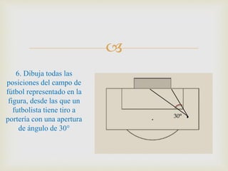 
6. Dibuja todas las
posiciones del campo de
fútbol representado en la
figura, desde las que un
futbolista tiene tiro a
portería con una apertura
de ángulo de 30°
30°
 