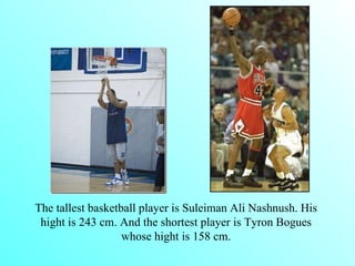 The tallest basketball player is Suleiman Ali Nashnush. His hight is 243 cm. And the shortest player is Tyron Bogues whose hight is 158 cm.   