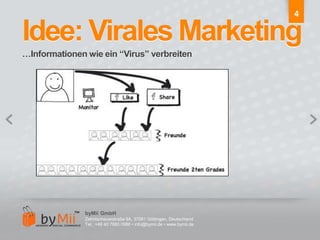 4Idee: Virales Marketing	…Informationen wie ein “Virus” verbreitenbyMii GmbHZehntscheuerstraße 9A, 37081 Göttingen, DeutschlandTel.: +49 40 7880 0986 • info@bymii.de • www.bymii.de