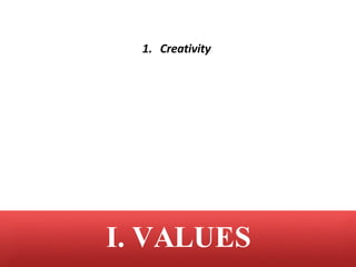 <ul><li>Creativity </li></ul>I. VALUES 
