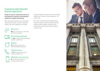 20
Customers still value the
branch experience
Finally, the research showed that branches are
still important to customers, but decreasing in
significance as digital channels grow.
When asked what mattered most to them when
dealing with their bank, customers ranked the
quality of the branch experience very highly:
Though the battle for customers will be increasingly
fought online, the branch remains significant – at
least for now.
As a result, improvements to the digital banking
experience should include the branch, to provide
seamless, platform-agnostic experiences that
recognize the role the physical bank still plays in
customers’ lives.
Branch:
Desktop/laptop:
For 34%, the quality of the desktop/laptop
experience mattered most
Apps:
8% prioritized the quality of the
smartphone/tablet app experience
Telephone:
For 6%, the quality of the telephone
experience mattered most
Mobile browsing:
5% prioritized the experience on
a smartphone/tablet browser
48% put most importance on the quality
of the branch experience
 