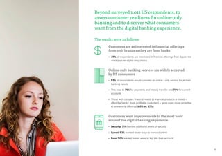 31
Customers are as interested in financial offerings
from tech brands as they are from banks
•	 57% of respondents are interested in financial offerings from PayPal –the
most popular digital-only choice.
Online-only banking services are widely accepted
by US consumers
•	 57% of respondents would consider an online - only service for all their
banking needs
•	 This rose to 79% for payments and money transfer and 77% for current
accounts
•	 Those with complex financial needs (5 financial products or more) –
often the banks’ most profitable customers – were even more receptive
to online-only offerings (65% vs. 57%)
Customers want improvements to the most basic
areas of the digital banking experience
•	 Security: 71% wanted additional levels of security
•	 Speed: 53% wanted faster ways to transact online
•	 Ease: 50% wanted easier ways to log into their account
Beyond surveyed 1,011 US respondents, to
assess consumer readiness for online-only
banking and to discover what consumers
want from the digital banking experience.
The results were as follows:
 
