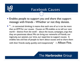 Facebook Causes

  Enables people to support you and share that support
   message with friends – Whether or not they don...