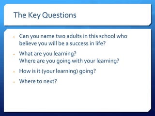 The Key Questions




Can you name two adults in this school who
believe you will be a success in life?
What are you lea...