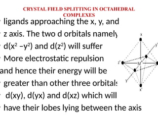 CRYSTAL FIELD SPLITTING IN OCTAHEDRAL
COMPLEXES
• ligands approaching the x, y, and
• z axis. The two d orbitals namely
• d(x2
–y2
) and d(z2
) will suffer
• More electrostatic repulsion
and hence their energy will be
• greater than other three orbitals
• d(xy), d(yx) and d(xz) which will
• have their lobes lying between the axis
 