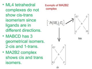 Example of MA2B2
complex
• ML4 tetrahedral
complexes do not
show cis-trans
isomerism since
ligands are in
different directions.
• MABCD has 3
geometrical isomers.
2-cis and 1-trans.
• MA2B2 complex
shows cis and trans
isomers.
 