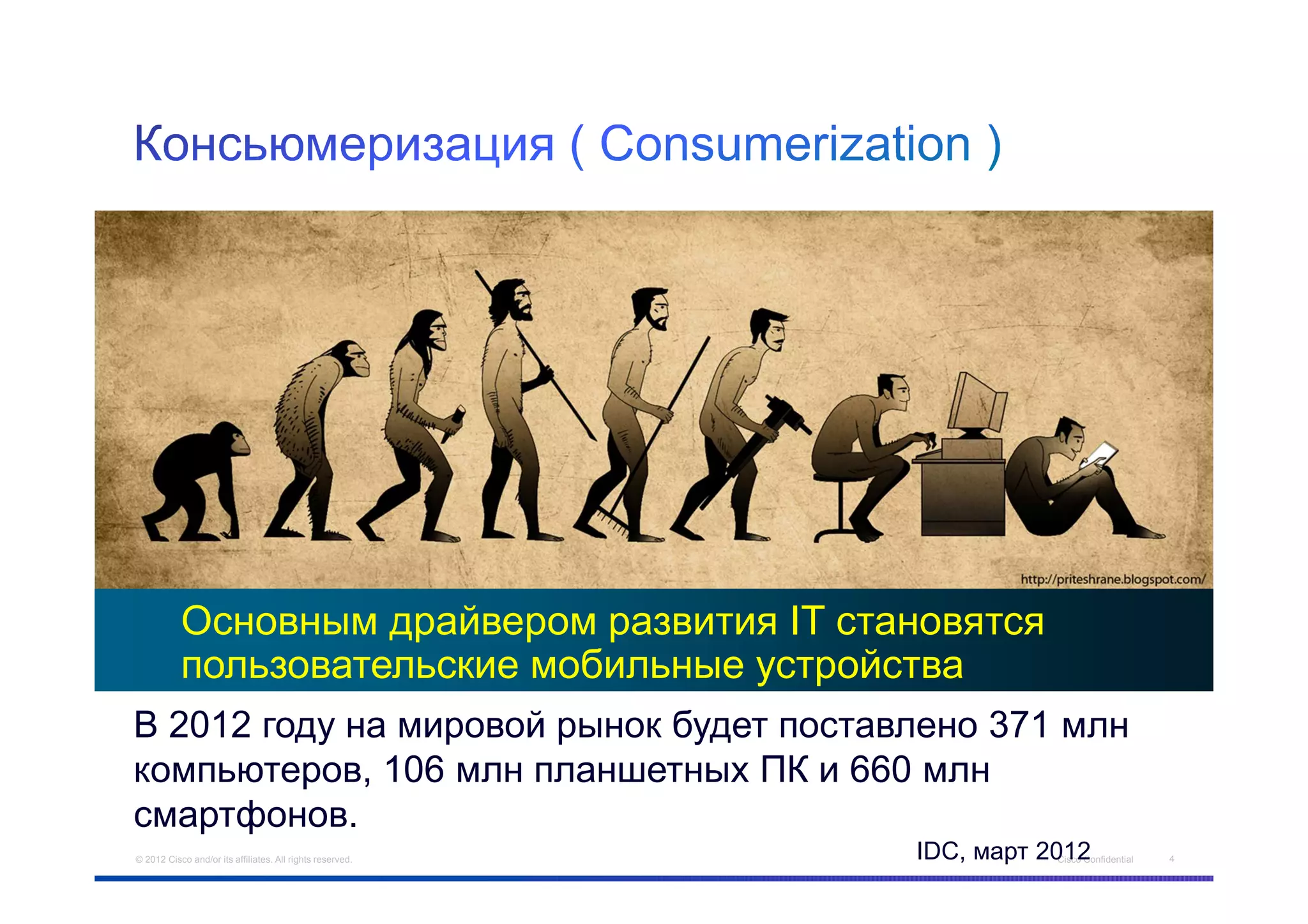 Основным драйвером развития IT становятся
           пользовательские мобильные устройства
В 2012 году на мировой рынок будет поставлено 371 млн
компьютеров, 106 млн планшетных ПК и 660 млн
смартфонов.
© 2012 Cisco and/or its affiliates. All rights reserved.   IDC, март 2012
                                                                      Cisco Confidential   4
 
