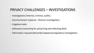 PRIVACY CHALLENGES – INVESTIGATIONS
•

Investigations (internal, criminal, audits)

•

Security breach response – forensic investigations

•

Litigation holds

•

eDiscovery (searching for, preserving and collecting data)

•

Information requests/demands/subpoenas/regulatory investigations

11

 