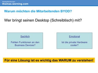 Warum möchten die Mitarbeitenden BYOD?
Wer bringt seinen Desktop (Schreibtisch) mit?
Sachlich
Fehlen Funktionen an den
Business Devices?
Emotional
Ist die private Hardware
cooler?
Für eine Lösung ist es wichtig das WARUM zu verstehen!
 