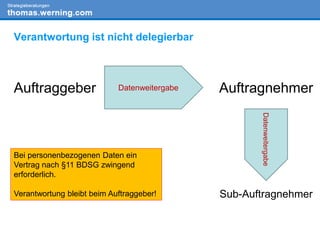 Verantwortung ist nicht delegierbar
DatenweitergabeAuftraggeber Auftragnehmer
Sub-Auftragnehmer
Datenweitergabe
Bei personenbezogenen Daten ein
Vertrag nach §11 BDSG zwingend
erforderlich.
Verantwortung bleibt beim Auftraggeber!
 