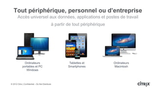 Tout périphérique, personnel ou d’entreprise
       Accès universel aux données, applications et postes de travail
                                               à partir de tout périphérique




               Ordinateurs                               Tablettes et          Ordinateurs
             portables et PC                            Smartphones            Macintosh
                Windows



© 2012 Citrix | Confidential – Do Not Distribute
 