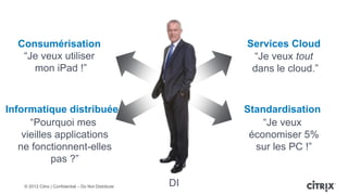 Consumérisation                                           Services Cloud
   “Je veux utiliser                                         “Je veux tout
     mon iPad !”                                             dans le cloud.”



Informatique distribuée                                     Standardisation
      “Pourquoi mes                                             “Je veux
    vieilles applications                                    économiser 5%
   ne fonctionnent-elles                                      sur les PC !”
            pas ?”

    © 2012 Citrix | Confidential – Do Not Distribute   DI
 