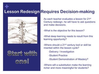 Lesson Redesign Requires Decision-makingAs each teacher evaluates a lesson for 21st Century redesign, he will have to ask questions and make decisions.What is the objective for this lesson?