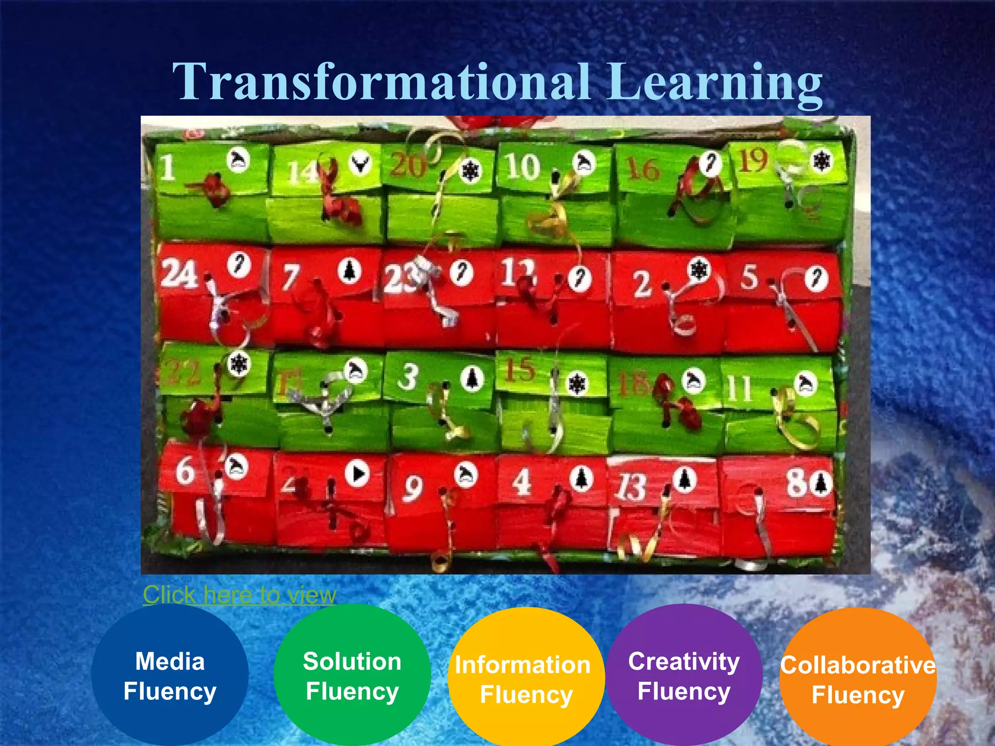 Transformational Learning

Click here to view
Media
Fluency

Solution
Fluency

Information
Fluency

Creativity
Fluency

Collaborative
Fluency

 