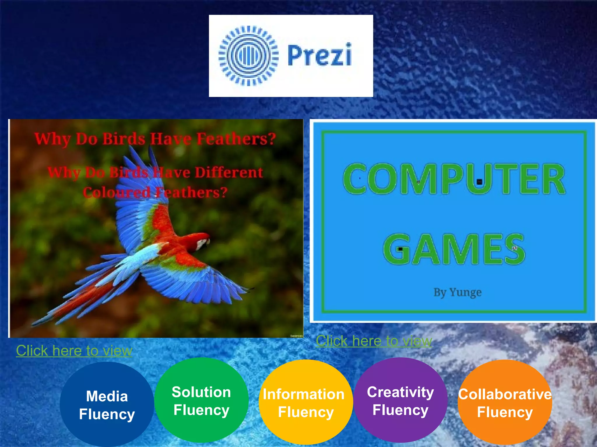 Prezi

Click here to view

Click here to view
Media
Fluency

Solution
Fluency

Information
Fluency

Creativity
Fluency

Collaborative
Fluency

 