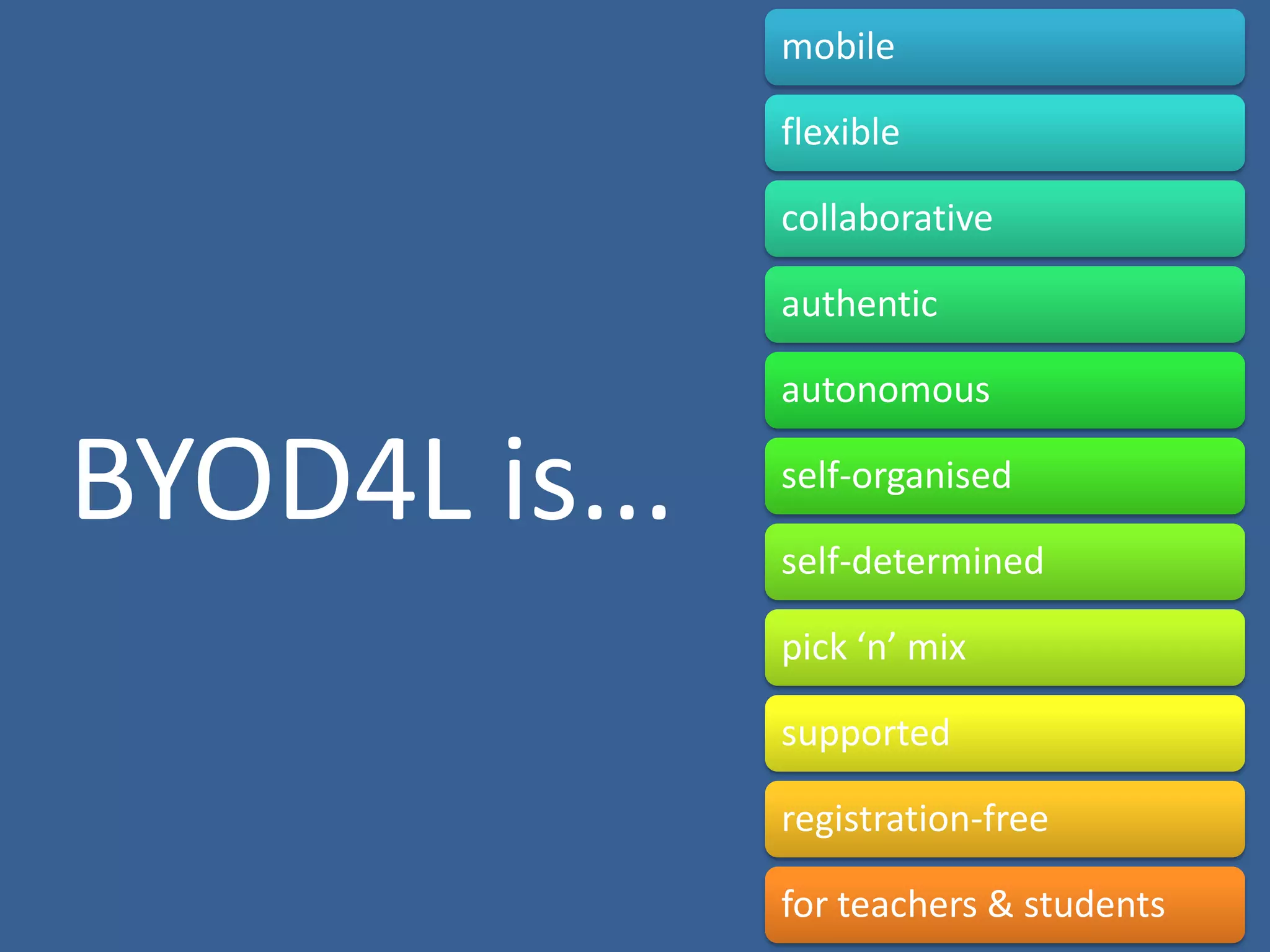 mobile
flexible
collaborative
authentic

autonomous

BYOD4L is...

self-organised
self-determined
pick ‘n’ mix
supported
registration-free
for teachers & students

 