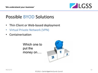 Possible BYOD Solutions
• Thin Client or Web‐based deployment
• Virtual Private Network (VPN)
• Containerisation


           Which one to
           put the
           money on….




06/12/12                                11
 