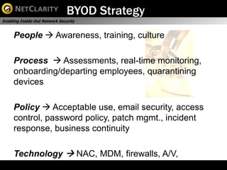 BYOD Strategy
Enabling Inside-Out Network Security


     People  Awareness, training, culture

     Process  Assessments, real-time monitoring,
     onboarding/departing employees, quarantining
     devices

     Policy  Acceptable use, email security, access
     control, password policy, patch mgmt., incident
     response, business continuity

     Technology  NAC, MDM, firewalls, A/V,
     IPS/WIPS, etc.
 