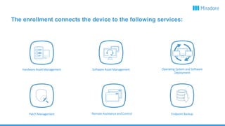 Remote Assistance and Control
Hardware Asset Management Software Asset Management
Endpoint Backup
Operating System and Software
Deployment
Patch Management
The enrollment connects the device to the following services:
 