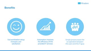 Fast workstation setup
increases user
satisfaction
Automation improves
the efficiency of the
provided IT services
Simple process eases the
co-operation between
the users and the IT guys
Benefits
 