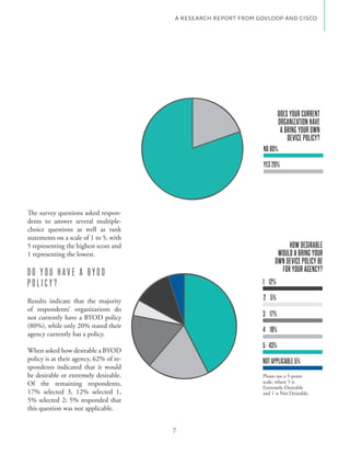 A RESEARCH REPORT FROM GOVLOOP AND CISCO




                                                                        DOES YOUR CURRENT
                                                                        ORGANIZATION HAVE
                                                                         A BRING YOUR OWN
                                                                            DEVICE POLICY?
                                                                NO 80%

                                                                YES 20%




The survey questions asked respon-
dents to answer several multiple-
choice questions as well as rank
statements on a scale of 1 to 5, with
5 representing the highest score and                                       HOW DESIRABLE
1 representing the lowest.                                             WOULD A BRING YOUR
                                                                      OWN DEVICE POLICY BE
DO YOU HAVE A BYOD                                                      FOR YOUR AGENCY?
POLICY?                                                         1 12%

Results indicate that the majority                              2 5%
of respondents’ organizations do
not currently have a BYOD policy                                3 17%
(80%), while only 20% stated their
                                                                4 19%
agency currently has a policy.
                                                                5 43%
When asked how desirable a BYOD
policy is at their agency, 62% of re-                           NOT APPLICABLE 5%
spondents indicated that it would
be desirable or extremely desirable.                            Please use a 5-point
Of the remaining respondents,                                   scale, where 5 is
                                                                Extremely Desirable
17% selected 3, 12% selected 1,                                 and 1 is Not Desirable.
5% selected 2; 5% responded that
this question was not applicable.


                                        7
 