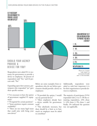 EXPLORING BRING YOUR OWN DEVICE IN THE PUBLIC SECTOR




IS IT NECESSARY
FOR GOVERNMENT TO
PROVIDE A DEVICE
FOR EMPLOYEES?
                      56%
44%

                                                                                             HOW IMPORTANT IS IT
                                                                                             FOR AN ORGANIZATION
                                                                                             TO PROVIDE YOU WITH
                                                                                                        A DEVICE?
                                                                                     1 9%

NO                    YES                                                            2 14%

                                                                                     3 23%

                                                                                     4 24%
SHOULD YOUR AGENCY                                                                   5 27%
PROVIDE A
DEVICE FOR YOU?                                                                      NOT APPLICABLE 3%

                                                                                               Please use a 5-point
Respondents were asked if it is nec-                                                               scale, where 5 is
essary for government to provide a                                                            Extremely Desirable
                                                                                            and 1 is Not Desirable.
device to employees. 56 percent of
respondents said “Yes,” and 44 per-
cent said, “No.”
                                   Below are some examples from re-     Additionally, respondents were
Expanding upon their answers, par- spondents who do not believe gov-    asked to rank how important it is
ticipants who responded “yes” gave ernment should provide a device to   for their organization to provide de-
these specific reasons:            employees:                           vices to employees.

                                                                        The majority of participants (51%)
of government supplied IT equip- use my personal device”                responded with a 4 or 5. Of the re-
ment”                                                                   maining respondents, 23% chose
                                 a device suitable for government       3, 14% chose 2, 9% chose 1, and
                                 work”                                  finally, 3% indicated the question
availability”                                                           was not applicable.
                                 there should be a limit as to how
that could arise with bring your much an employee must be asked
own device”                      to contribute”


                                                   8
 