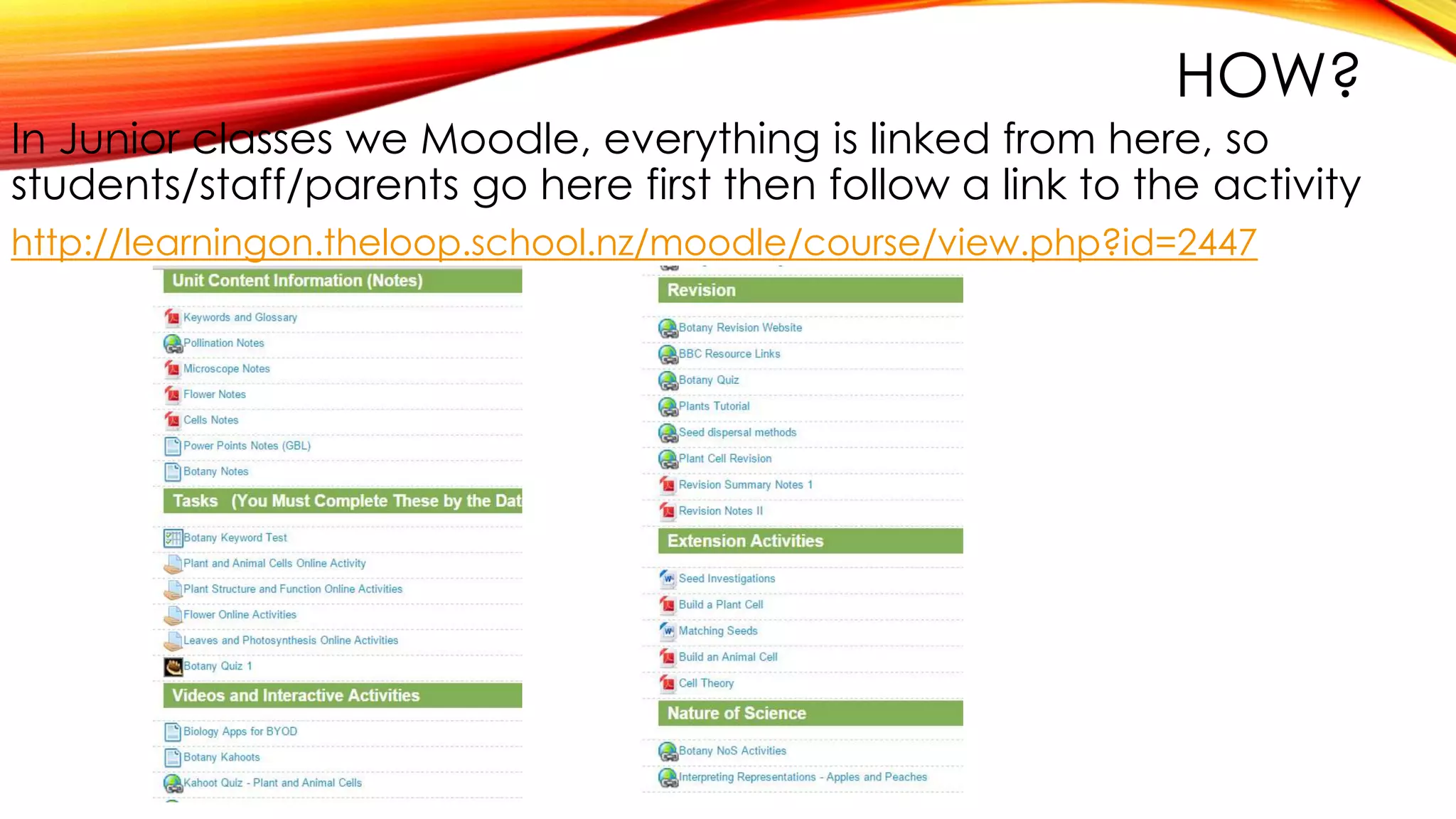 HOW?
In Junior classes we Moodle, everything is linked from here, so
students/staff/parents go here first then follow a link to the activity
http://learningon.theloop.school.nz/moodle/course/view.php?id=2447
 