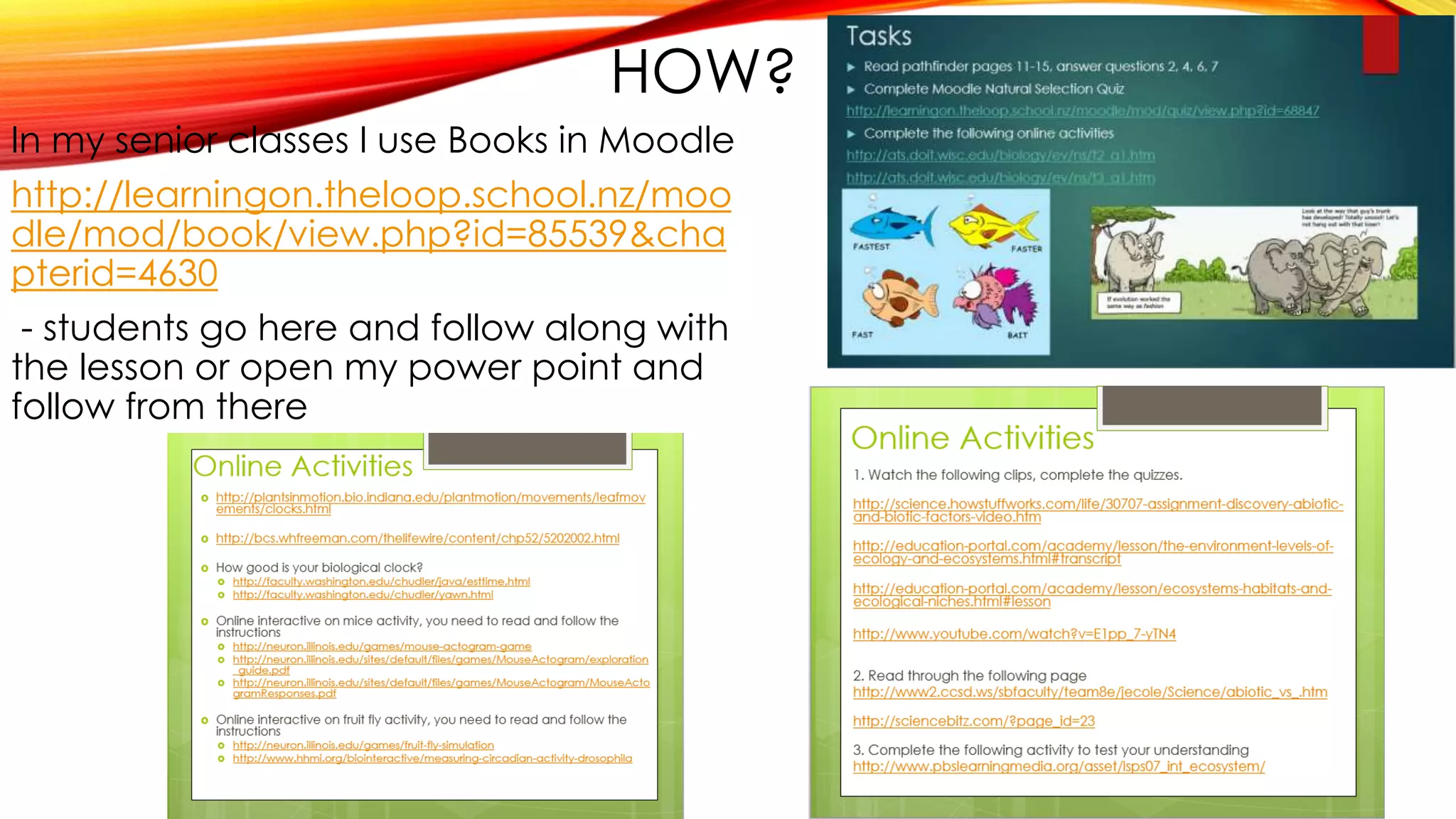 HOW?
In my senior classes I use Books in Moodle
http://learningon.theloop.school.nz/moo
dle/mod/book/view.php?id=85539&cha
pterid=4630
- students go here and follow along with
the lesson or open my power point and
follow from there
 