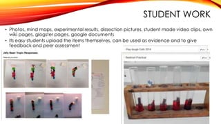 STUDENT WORK
• Photos, mind maps, experimental results, dissection pictures, student made video clips, own
wiki pages, glogster pages, google documents
• Its easy students upload the items themselves, can be used as evidence and to give
feedback and peer assessment
 