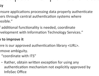 cy	
  
Ensure	
  applica0ons	
  processing	
  data	
  properly	
  authen0cate	
  
sers	
  through	
  central	
  authen0ca0on	
  systems	
  where	
  
ossible.”	
  	
  
f	
  addi0onal	
  func0onality	
  is	
  needed,	
  coordinate	
  
evelopment	
  with	
  Informa0on	
  Technology	
  Services.”	
  	
  
w	
  to	
  improve	
  it	
  
ere	
  is	
  our	
  approved	
  authen0ca0on	
  library	
  <URL>.	
  
emove	
  ambiguity.	
  
 	
  “coordinate	
  with	
  ITS”	
  
   •  Rather,	
  obtain	
  wrigen	
  excep0on	
  for	
  using	
  any	
  
          authen0ca0on	
  mechanism	
  not	
  explicitly	
  approved	
  by	
  
          InfoSec	
  Oﬃce	
  	
  
 