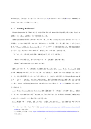 的な方法です。 MFA は、クレデンシャルスタッフィング*3
やパスワードスプレー攻撃*4
のリスクを軽減する
ためのアプローチとして認知されています。
3.1.2 Identity Protection
Identity Protection は、M365 SCP と M365 E5 に含まれる Azure AD P2 の要件があるため、Better な
展開シナリオと Best な展開シナリオで使用されています。
盗まれた認証情報に対抗するためマイクロソフトは Azure AD Identity Protection というソリューション
を開発し、ユーザー ID が安全でない方法で使用されないように保護することを支援します。 リスクレベルに
基づいて Azure AD Identity Protection は、ユーザーにパスワードの変更を要求したり、多要素認証を強制
するなど、
（リスクプロファイルに基づいた）適切なアクションを取ることができます。
アイデンティティに焦点を当てた結果、組織は次のことを行うことが重要です。
• 権限レベルに関係なく、すべてのアイデンティティを保護する必要があります。
• 漏洩した ID が悪用されるのを未然に防ぎます。
漏洩したアイデンティティを発見するのは簡単なことではありません。 Azure Active Directory は、適応
性のある機械学習アルゴリズムとヒューリスティックを使用して、危険にさらされた可能性のあるアイデン
ティティを示す異常や疑わしいインシデントを検出します。 このデータを使用して、Identity Protection は
レポートとアラートを生成し、検出された問題を評価し、適切な緩和措置または是正措置を講じることを可能
にします。Azure AD Identity Protection は収集されたデータに基づいて、表 1 に示す種類のリスクイベン
トを生成します。
Azure Active Directory Identity Protection は単なる監視とレポート作成ツールではありません。 組織の
アイデンティティを保護するために、指定されたリスクレベルに達したときに検出された問題に自動的に対応
するリスクベースのポリシーを構成することができます。
Better な展開パターンの場合、これらのポリシーは他の入力に加えて Azure AD の条件付きアクセスポリ
*3 ク レ デ ン シ ャ ル ス タ ッ フ ィ ン グ に つ い て は https://doubleoctopus.com/security-wiki/threats-and-tools/credential-
stuﬃng/をご参照ください。
*4 パスワードスプレー攻撃については https://doubleoctopus.com/security-wiki/threats-and-tools/password-spraying/をご
参照ください。
12
 