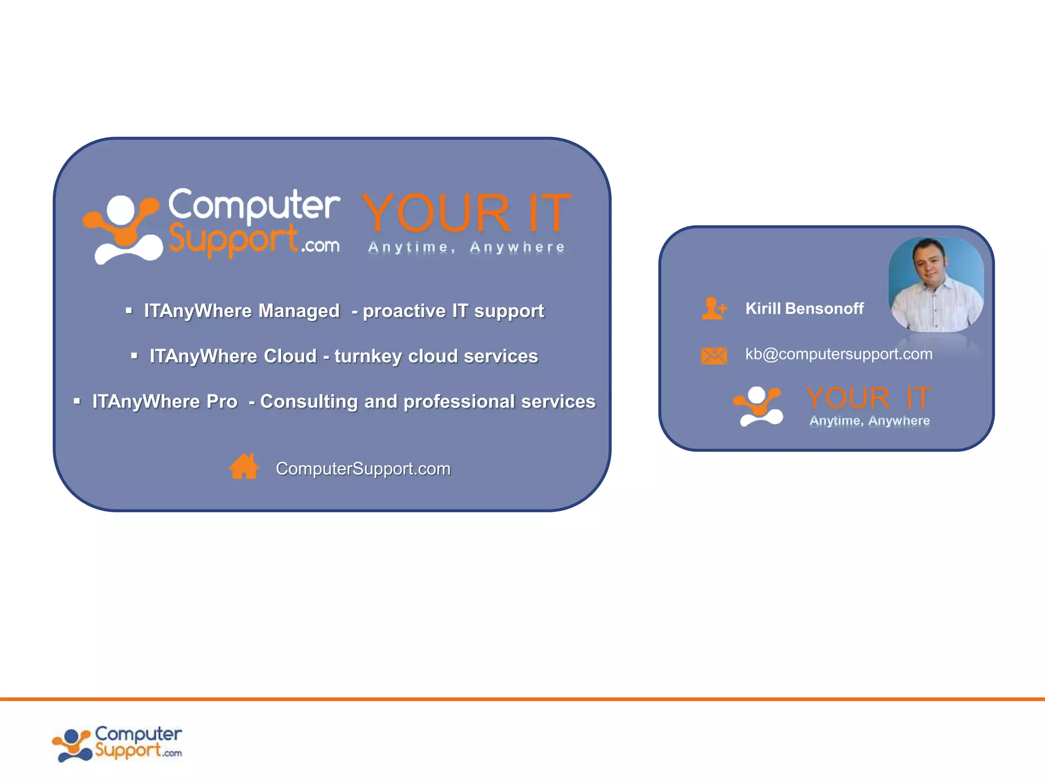 YOUR IT 
 ITAnyWhere Managed - proactive IT support 
 ITAnyWhere Cloud - turnkey cloud services 
 ITAnyWhere Pro - Consulting and professional services 
ComputerSupport.com 
Kirill Bensonoff 
kb@computersupport.com 
YOUR IT 
