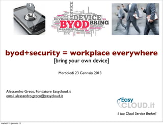 byod+security = workplace everywhere
                                  [bring your own device]

                                     Mercoledì 23 Gennaio 2013



     Alessandro Greco, Fondatore Easycloud.it
     email alessandro.greco@easycloud.it



                                                                 il tuo Cloud Service Broker!

martedì 15 gennaio 13
 