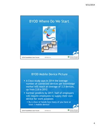 9/11/2014 
4 
BYOD Where Do We Start 
BYOD Mobile Device Picture 
 A Cisco study says in 2014 the average 
number of connected devices per knowledge 
worker will reach an average of 3.3 devices, 
up from 2.8 in 2012 
 Gartner predicts by 2017, half of employers 
will require employees to supply their own 
device for work purposes 
 By a show of hands how many of you have at 
least 1 mobile device? 
 
