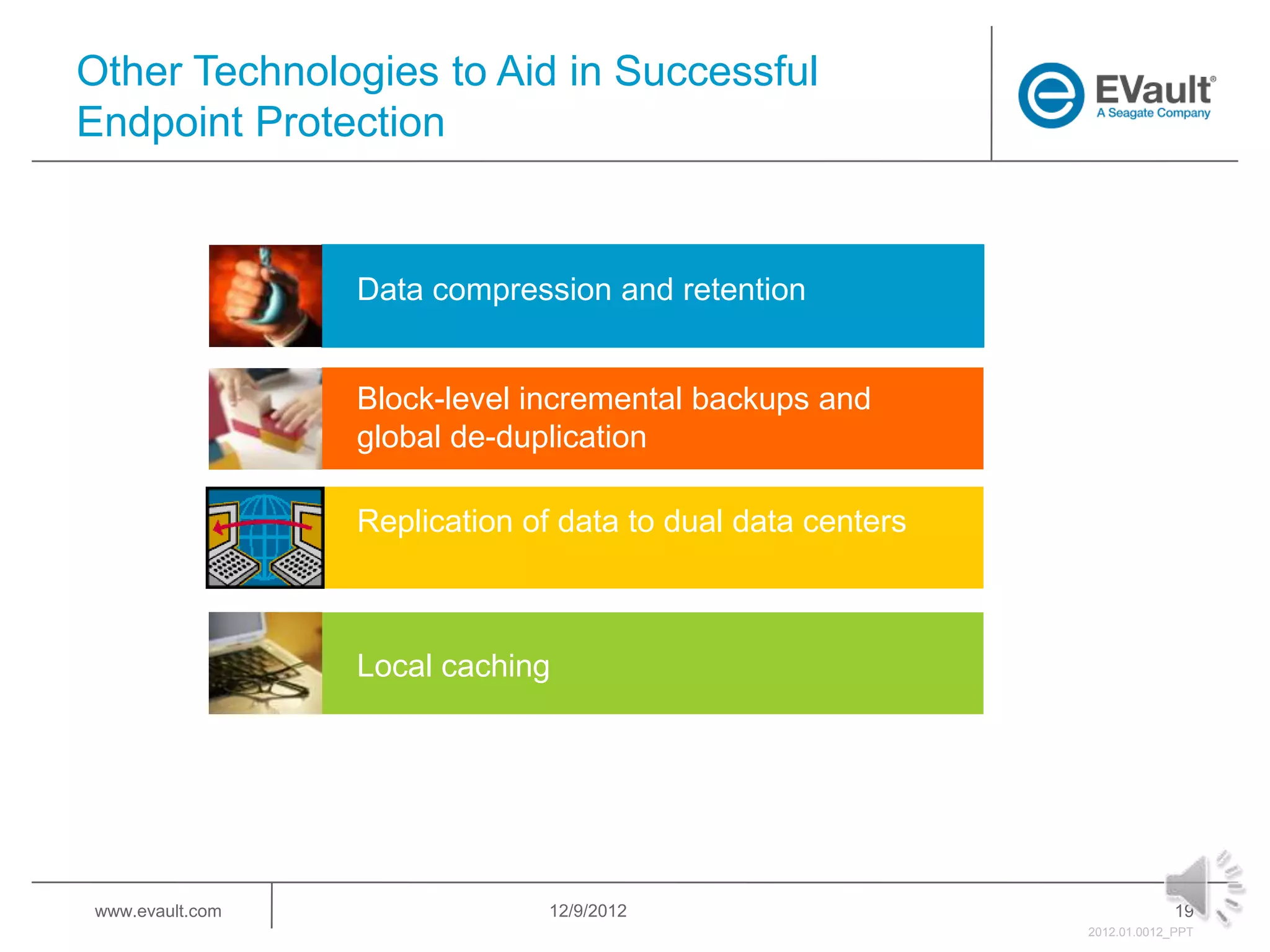 Other Technologies to Aid in Successful
Endpoint Protection


                 Data compression and retention


                 Block-level incremental backups and
                 global de-duplication

                 Replication of data to dual data centers



                 Local caching




www.evault.com                12/9/2012                                  19
                                                            2012.01.0012_PPT
 