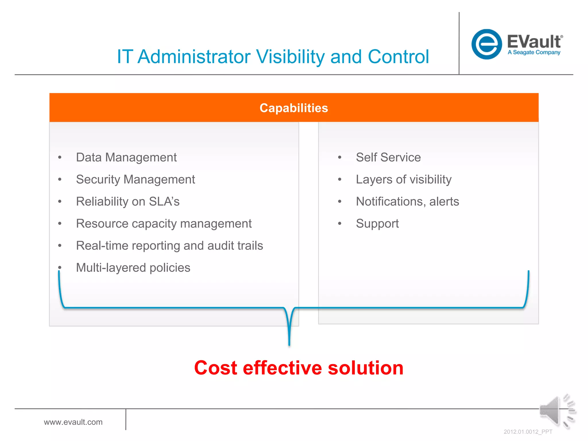 IT Administrator Visibility and Control

                                          Capabilities



   •   Data Management                                   •   Self Service
   •   Security Management                               •   Layers of visibility
   •   Reliability on SLA’s                              •   Notifications, alerts
   •   Resource capacity management                      •   Support
   •   Real-time reporting and audit trails
   •   Multi-layered policies




                                Cost effective solution

www.evault.com
                                                                                     2012.01.0012_PPT
 